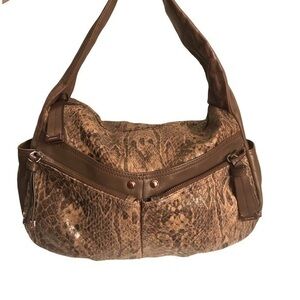 B. makowsky brown leather and snakeskin embossed leather hobo bag